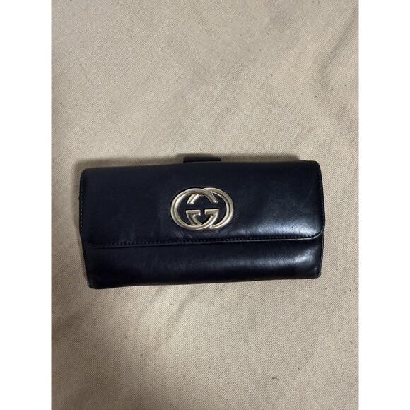 Gucci Wallet Womens Black Leather Interlocking GG Logo Trifold Made in Italy - Picture 1 of 16